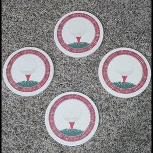 Set of 4 golf coasters, golf ball on tee